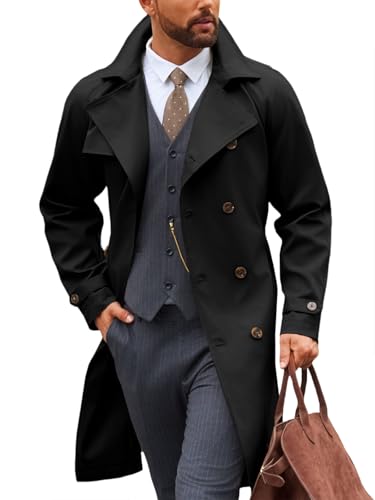 Runcati Mens Trench Coat Double Breasted Notched Lapel Casual Belted Windbreaker Fall Classic Long Jacket Overcoat