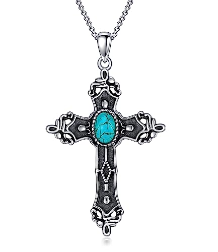 WSX Collar con colgante de cruz de turquesa real para mujeres y hombres, plata de ley 925, joyería bohemia occidental, colgante vintage de piedras preciosas para ella