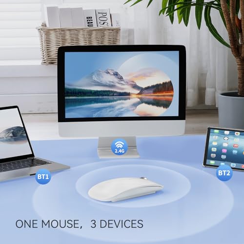 TENMOS M18 Bluetooth Mouse, USB C Rechargeable Wireless Mouse, Triple Mode (Dual Bluetooth+USB) Computer Silent Mice Portable with USB Receiver and Type C Adapter for Laptop/MacBook/iPad/PC - White by TENMOS - Image 3