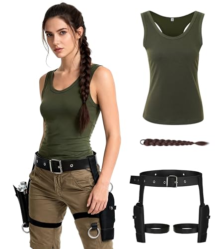 Kimoruro Womens Green black vest with adjustable Leg Holsters pigtail for Halloween Costume Cosplay Outfit (Green Medium)