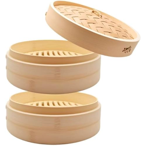 PET OFFICER 手作りの竹製蒸し器、二層セット、蒸し器バスケット2個と蓋、蒸し紙付き、中華蒸し料理に最適、18 cm