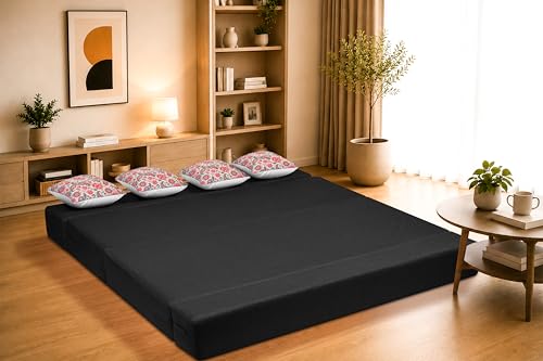 Image of Four Seater Sofa Cum Bed Jute Fabric 6 X 6 Ft| Space Saving Foldable Sofa Bed for Living Room & Guest Room | Comfortable Multi-Functional Furniture - Black