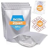 NexLevVac 50PCS 2Quart 8'X12' Mylar Bags for Food Storage with Oxygen Absorbers&Lables,10 Mil Thick Resealable Stand-Up Zipper&Heat Sealable Vacuum Sealing Pouches for Long Term Food Storage