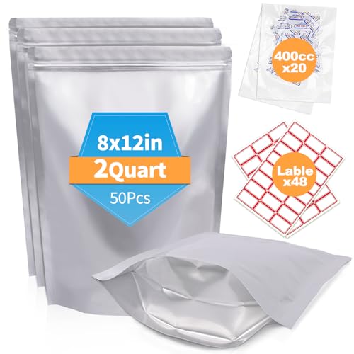 NexLevVac 50PCS 2Quart 8"X12" Mylar Bags for Food Storage with