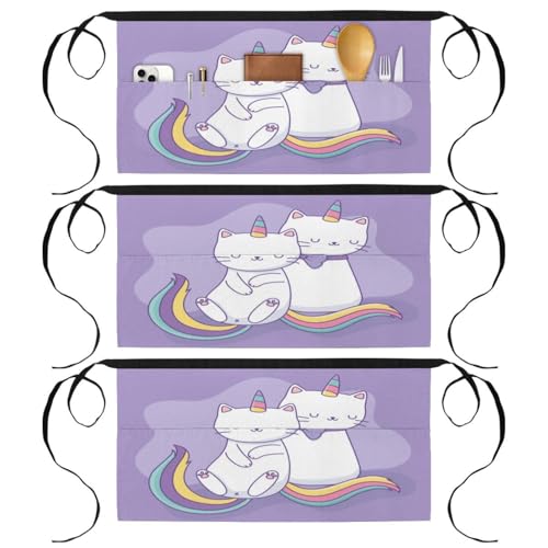 Demi-tablier de cuisine et serveur lot de 3 avec poches motif chat mignon arc-en-ciel