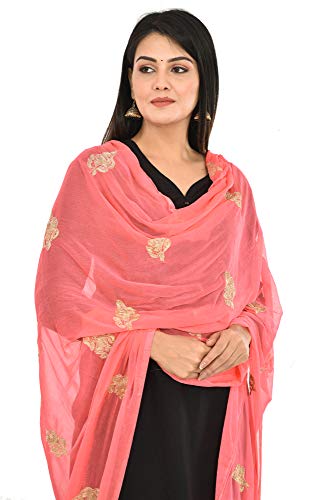 Image of YOUTHQUAKE Golden Patti Embroidered Work Chiffon Dupatta for Womens & Girls with Jaalar Lace