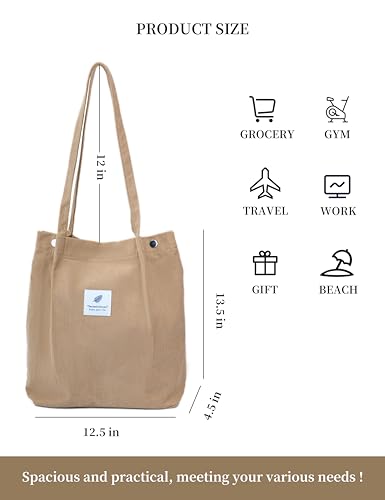 Image of Corduroy Tote Bag Cute Tote Bags for Women Shoulder Bag with Inner Pocket for Work Beach Travel and Shopping Grocery