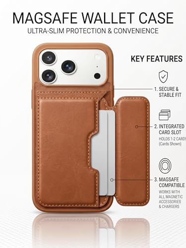 Image of amazon basics Luxury Vegan Leather Back Cover for iPhone 17 Pro Max | Built-in Card Holder Slot | Integrated Mobile Stand | Slim Shockproof Protective Case with Stitched Finish - Tan