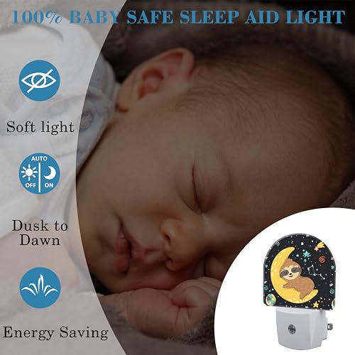 Image of Cute Baby Sloth Sleeping on Moon Night Light for Kids, LED Night Light Plug into Wall with Dusk to Dawn Sensor for Girls Boys Women Room Decor, Hallway, Kitchen, Bathroom, Nursery, Stairs