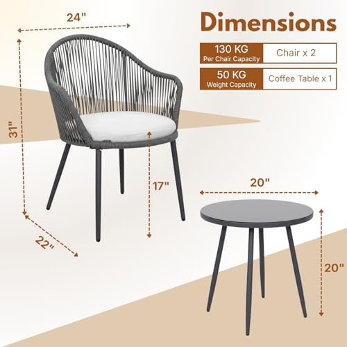 Image of DEVOKO 3 Piece Outdoor Rope Furniture Set - Patio Seating Chair and Table Set with 2 Chairs and 1 Table, Balcony Coffee Table Set (Dark Grey and Off-White)