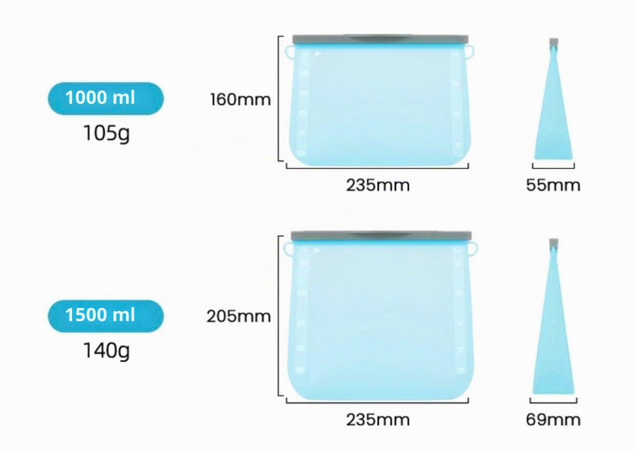 Wiederverwendbare Silikon-Lebensmittelbeutel – 6er Set (3×1L + 3×1,5L) – BPA-frei – Auslaufsicher – Gefrierfach & Mikrowelle | BPA-frei