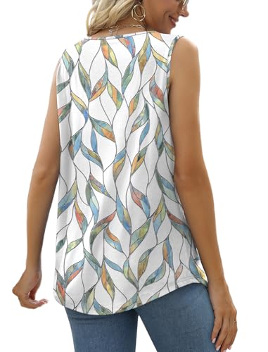 Image of Saloogoe Summer Tank Tops for Women Loose Fit Pleated Square Neck Sleeveless Tops Curved Hem Flowy
