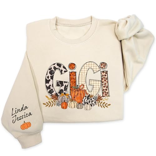 Personalized Pumpkin Autumn Grandma With GrandKids Name on Sleeve Sweatshirt, Cozy Pumpkin Season Sublimation