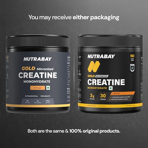 Image of Nutrabay Gold Micronised Creatine Monohydrate Powder 3000 mg Creatine per Serving, NABL Lab Tested - Increases Muscle Mass, Strength & Power - Pre /Post Workout Supplement - 120g, Orange