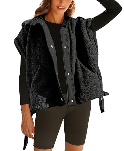 OPCAKM Women's Fuzzy Fleece Vest Oversized Sleeveless Sherpa Jacket Warm Button Down Gilet Outerwear with Pockets(Black-XL)