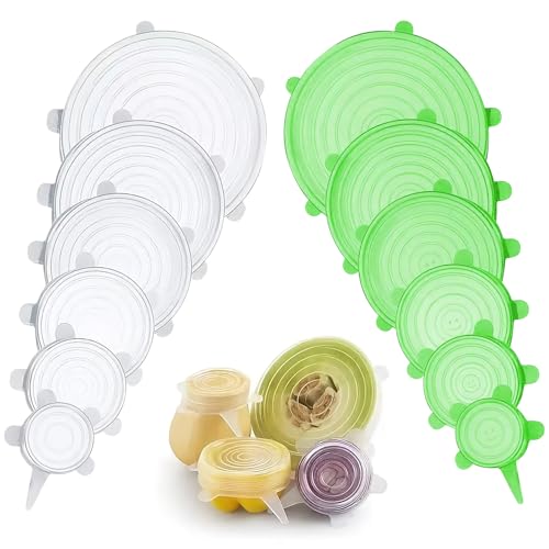 Juego De 12 Piezas De Tapas Silicona, Tapas De Silicona Ajustables, Tapa De Varios Tamaños Para Tazón Reutilizable, Adecuado Para Vasos De Yogur, Cuencos, Vasos Y Frutas (Blanco Y Verde)