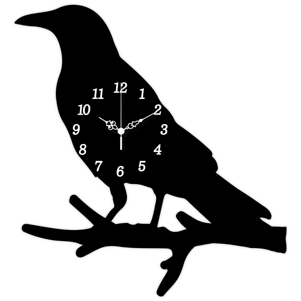 CHGCRAFT Crow Standing Branch Pattern Wall Clock 13.9 Inch Wood Grain Non-Ticking Irregular Shape Clocks Wall Hanging Clock Battery Operated for Bedroom Living Room Kitchen Office