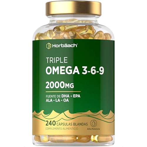 Omega 3 6 9 Cápsulas 2000mg ALA LA y OA | 240 Cápsulas Blandas | Alta Potencia en EPA y DHA Ácidos Grasos Esenciales | Suplemento con Aceite de Pescado Linaza y Girasol | Triple Omega 3-6-9 | Horbaach
