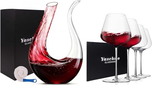 Yaschmo Wine Decanter & 25OZ Wine Glasses Set of 4,Swan U-Shaped Wine Carafe,Hand Blown Lead-Free Glass, Ideal Gift Packaging for Wedding,Anniversary, Birthday,Christmas