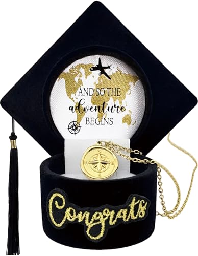 Graduation Compass Necklace 18K Gold Plated with Jewelry Box, Inspirational Graduation Gift for Her, Congratulations Keepsake Graduation Cap Box, Graduation Gift Ideas for High School College Grads