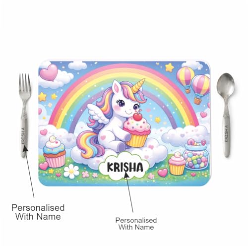 Image of Customized Table Mat with Name & Design Engraving | Personalized Dining Mat with Spoon & Fork | Customized Birthday Gift for Kids (Unicorn)