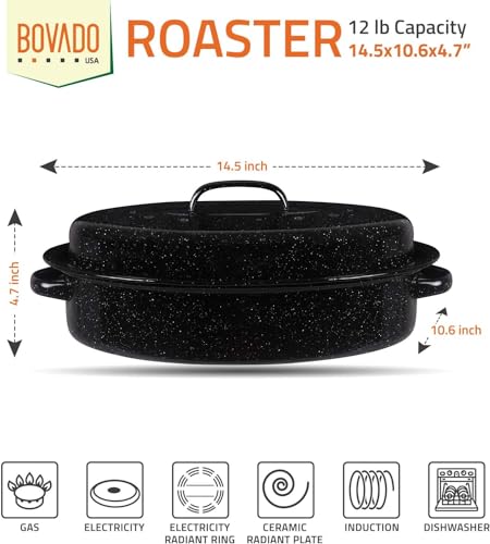 Bovado USA 15.5" In 8-10 lb Capacity Enamel Oval Turkey Roaster Pan + Lid - Thanksgiving Gift, Covered, Non-sticky, Chemical Free, Dishwasher Safe - (14.5 Inch Inner) - Rôtissoire (12lb Capacity)