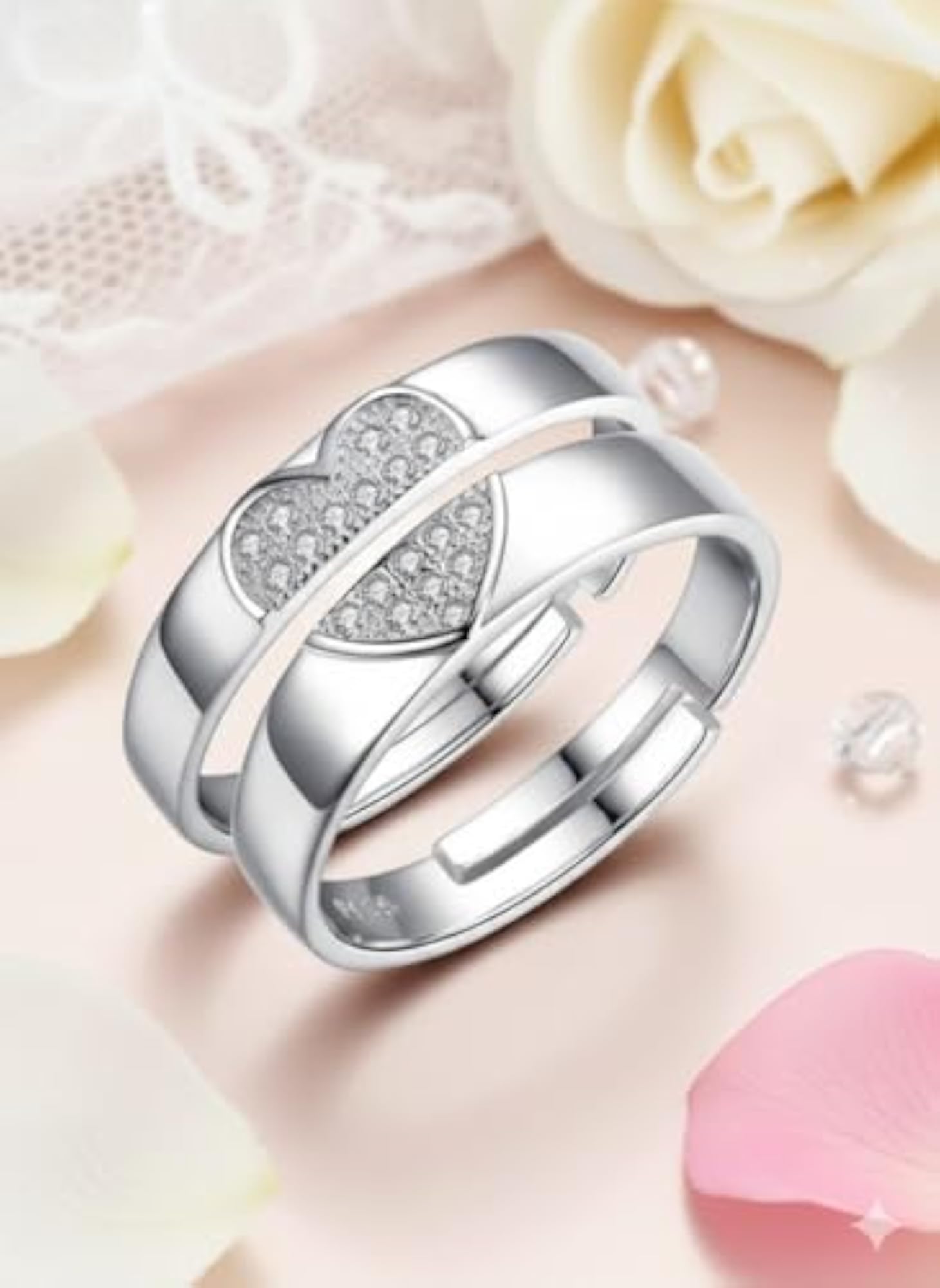 Couple's Adjustable Silver Plated Crystal Heart Rings