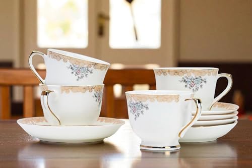 Image of Fine Bone China White Gold Cups and Saucer with Golden Line, 180 ml Tea Cup Set of 6 Cup and Saucer Set for Tea Milk & Coffee Chai, Teacup Set