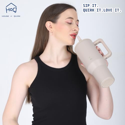 Image of House of Quirk 1200ML Tumbler with Handle & Simple Flip Straw - Car Cup Holder Friendly, Leak Resistant Stainless Steel Water Bottle with Rubber Base (Oat)