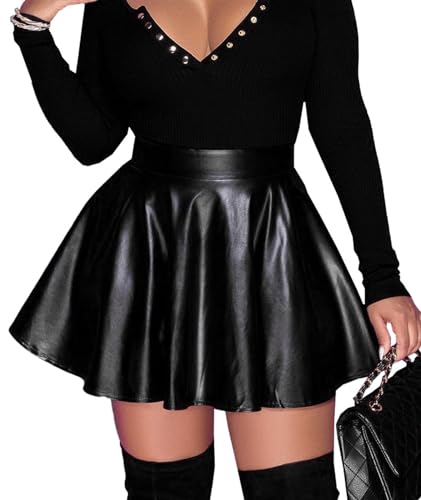 xxxiticat Women's Pleated Faux Leather Skirt Casual High Waisted Zipper Up A-Line Flared PU Leather Mini Skirts2