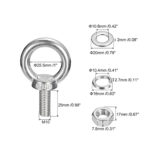 Image of uxcell Lifting Eye Bolt, 1 Set M10x25mm Eye Bolt with Nut Washer 304 Stainless Steel Shoulder Lifting Ring Eye Bolt for Hanging Item