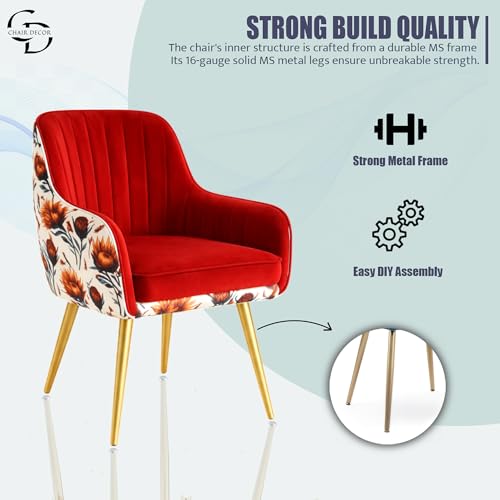 Image of Velvet Accent Chair | Luxury Upholstered Armchair with Sturdy Metal Legs | Modern Comfortable Chair for Living Room, Bedroom, Office, or Cafe (Golden Legs, Red Floral)