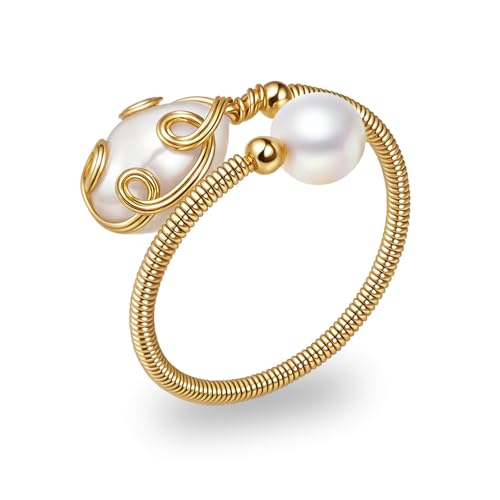 Sunongxin Pearl Ring, 14K Gold Wire Wrap Freshwater Pearl Ring for Vintage Jewelry, Adjustable Handmade Ring for Women June Birthstone Jewelry Gift