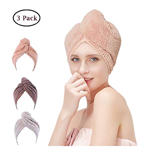 Microfiber Hair Towel Wrap for Women, Quick Magic Hair Dry Hat, Turban Twist Hair Towel Wrap Head Towel with Button, Quick Dry Magic Hats, Super Absorbent for Long & Curly Hair, Anti-Frizz [3 Pack]