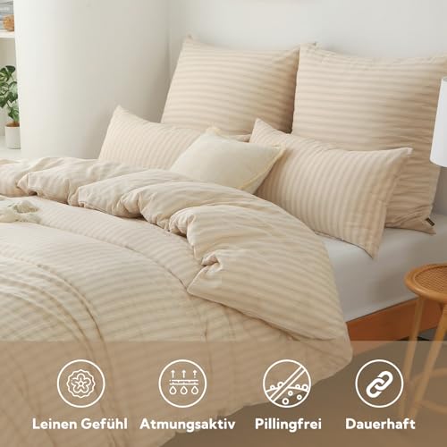 SOULFUL Bettwäsche 135x200 Baumwolle Gestreift Oeko-TEX Cremebeige & Weiß – Ansicht 2