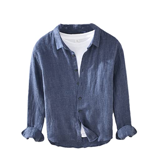 Men Spring Linen Long Sleeve Shirt Vintage Solid Color Casual Shirt