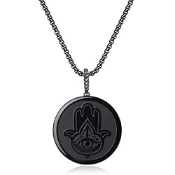 Colgantes De La Mano De Fatima COAI Collar de Acero Inoxidable con Colgante Mano de Fátima de Obsidiana Piedra Natural para Hombre