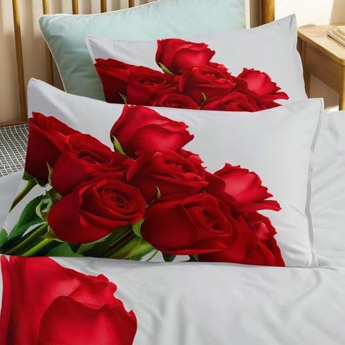 Housse de couette 240 x 220 fleurs rouges parure de lit luxe en microfibre douce toucher soie