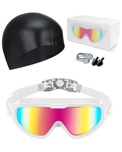 Hurdilen Swim Goggles, Anti Fog Anti UV, Wide View and No Leaking Swimming Goggles & Swim Cap for...