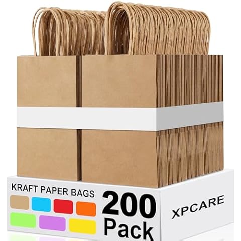 XPCARE 200Pcs Paper Gift Bags 5.25x3.25x8.25'',Gift Wrap Bags with Handles Brown Kraft Paper Bags for Small Business Paper Bags Bulk for Birthday Party Favors Shopping Retail Cover