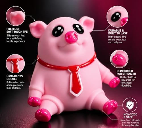 Image of Cute Pink Pig Squishy Toy with Stretchable Soft Body and Tie Design, Squeezable Fidget Toy for Kids and Adults, Desk Play, Travel Fun, Party Favors, Birthday Return Gifts