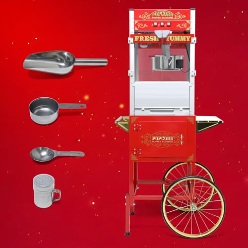 Image of Montary 20 Oz Commercial Popcorn Machine with Cart,1450W Vintage Style Popcorn maker Equipped with Popcorn Scoops,Tools & Heated Deck for Home Movie House and Carnival,Red