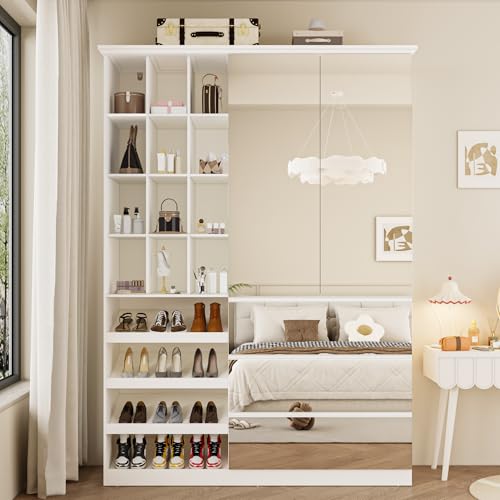 Bvldfamly Mirrored Wardrobe Closet with Shoe Cabinet Storage White Armoire with Shelves and 3 Drawers Modern Clothes Storage Cabinet with Hanging Rod for Bedroom Guest Room