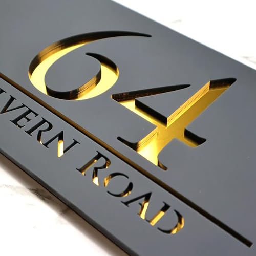Image of Name Plates for Home Entrance Outdoor | Water Weather Proof Matt Black Acrylic 3D Letters- Golden Letters, Ideal for Home, Office and Outdoor Entrances (30x15cm, Black Gold)
