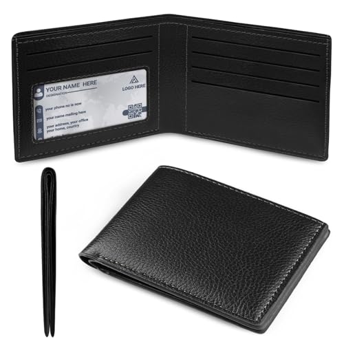 Slim Genuine Leather Wallet for Men Bifold Design with ID Clear Window and 6 Credit Card Slots Minimalist Handmade Card Holder (Black)