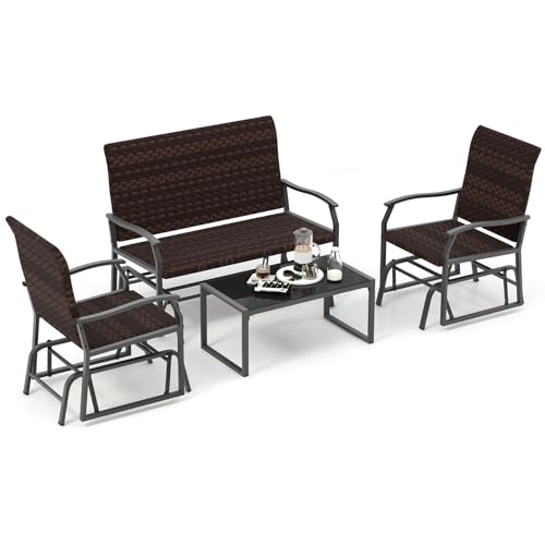Image of Tangkula 4 Pieces Patio Gliding Set, All Weather Resistant Wicker Swing Glider Set w /Tempered Glass Coffee Table, Rattan Seat w /Quick Dry Foam, Rocking Chair Set for Backyard, Poolside, Front Porch