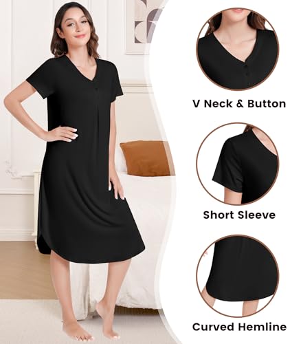 Image of NACHILA Bamboo Viscose Nightgowns for Women Short Sleeve V Neck Sleepwear