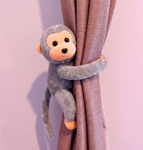 Image of Tickles 2 Pcs Monkey Soft Plush Toy Curtain Tiebacks Holder Clip for Children Living Room Decoration Accessories Window Curtain Decoration (Size: 28 cm Color: Grey)