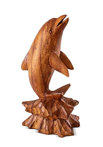 G6 Collection Wooden Hand Carved Dolphin Statue Sculpture Wood Decorative Home Decor Accent Figurine Handcrafted Handmade Seaside Tropical Nautical Ocean Coastal Decoration (Dolphin on Coral, 8