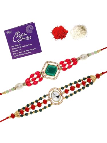 Image of Sukkhi Rakhi Excellent Kundan & Pearls Designer Gold Plated Premium Rakhi for Brother with Roli Chawal & Greeting Card|Rakhi for Brother /Bhaiya /Bhai /Men|Kundan Rakhi|Rakhi Combo-Set of 2
